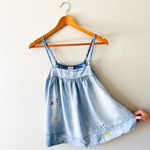 Paint splattered light blue long tank top